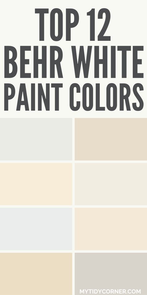 Collage of the top white paint colors Behr. Country White Paint Color, White Paint Bathroom Walls, Behr White Veil Paint, Creamy Warm White Paint Colors Behr, Behr Palais White Living Rooms, Behr Paint Colors White, Best Behr Whites For Walls, Popular Behr White Paint Colors, Perfect White Paint For Walls