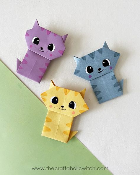 single sheet origami cat Cute Cat Crafts Diy, Small Origami Tutorials, Origami Patterns Step By Step, Easy Paper Art, Construction Paper Origami, Things To Make With Paper Easy, Paper Crafts For Kids Easy Step By Step, Cat Arts And Crafts, Origami Cat Easy