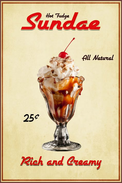 Vintage Food Photography, Malt Shop, Hot Fudge Sundae, Vintage Food Posters, Fudge Sundae, 50s Diner, Vintage Diner, Vintage Ice Cream, Retro Diner