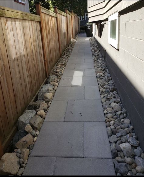 Concrete Walkway Side Of House, Side Paths House, Diy Walkway Side Of House, Pavement Ideas Walkways, Sidewalk Along Side Of House, Pavers On Side Of House, Side Paver Walkway, Walkways Paths Side Of House Sidewalks, Side House Walkway Landscaping Ideas