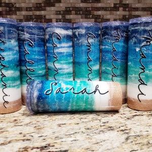 Tumbler Resin, Personalized Bridal Party Gifts, Beach Cup, Watercolor Tumbler, Beach Cups, Couples Retreat, Geometric Box, Resin Beach, Tumbler Pictures