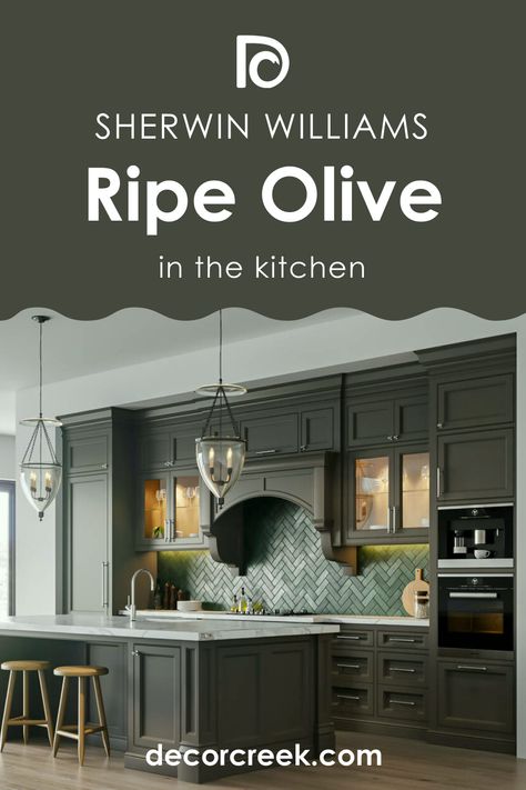 Ripe Olive SW-6209 Paint Color by Sherwin-Williams Olive Green Kitchen Island, Olive Sherwin Williams, Ripe Olive Sherwin Williams, Log Cabin Kitchens Cabinets, Kitchen Island Chairs, Olive Kitchen, Olive Green Kitchen, Sherwin Williams Green, Living Room Shades