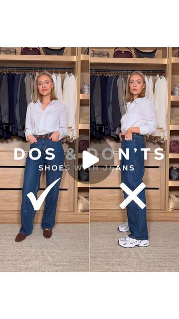 Lydia Tomlinson on Instagram: "How to style jeans with the right shoes ✔️! Links can be found on my LTK & I’m wearing 27R in these jeans 🤍" Jeans And Shoes Outfits Women, Jean And Shoes Guide, Frame Jeans Outfit, Belted Jeans Outfit, Shoes To Wear With Boyfriend Jeans, Formal Outfits With Jeans, Express Jeans Outfit, Jeans And Shoes Guide, How To Wear Straight Leg Jeans Outfits