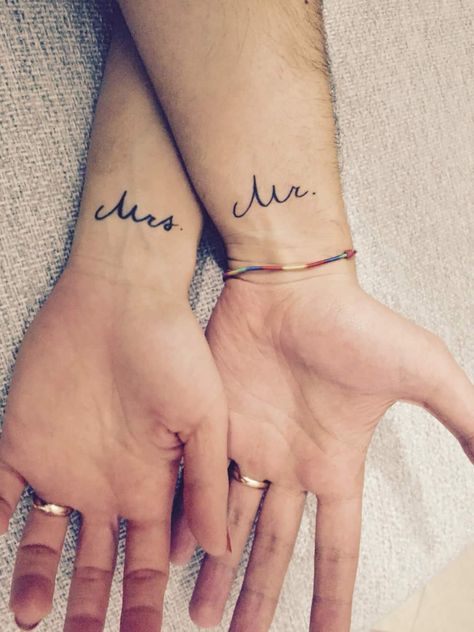 15 Wedding Tattoos To Don and Commemorate Your Big Day With Couples Tattoos Wedding Date, Wedding Day Tattoo, Married Tattoos, Mrs Tattoo, Wedding Date Tattoos, Colorado Honeymoon, Wife Tattoos, Tattoo Rings, 27 Tattoo