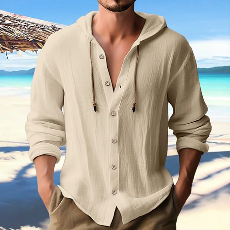 Men's Shirt Linen Shirt Beach Shirt Hooded Shirt Black White Blue Long Sleeve Plain Hooded Spring & Summer Casual Daily Clothing Apparel Button 2024 - Rs.2400 Hooded Long Sleeve Shirt, Linen Cardigan, Linen Shirt Men, Casual Long Sleeve Shirts, Hoodie Cardigan, Mens Linen, Top Streetwear, Cardigan Outfits, Beach T Shirts