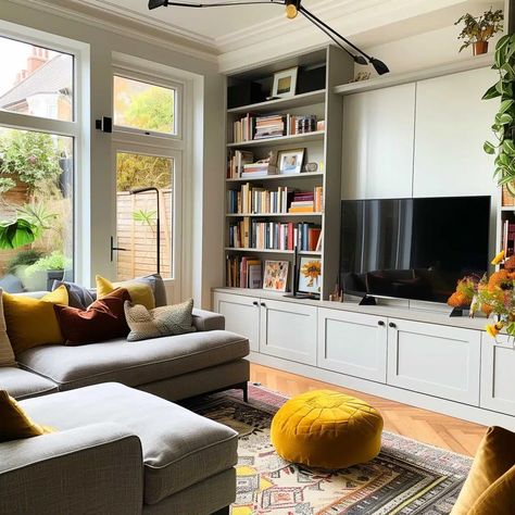 Bookshelves In Living Room With Tv, Industrial Chic Living Room, Room With Bookshelves, Kids Tv Room, Living Room With Tv, Black Bookshelves, Room With Tv, Built In Wall Units, Home Library Rooms