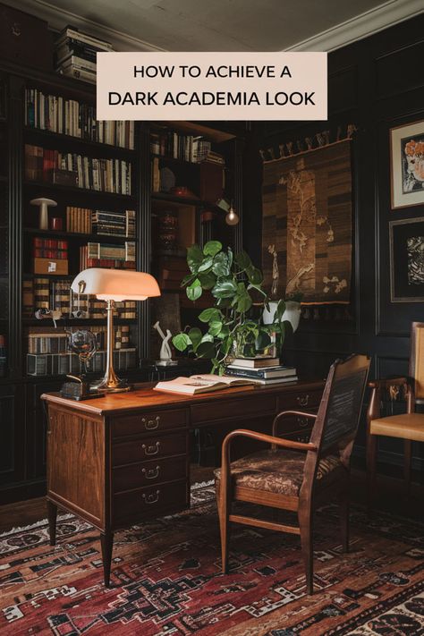 Mix classic decor and moody tones to create an inspiring aesthetic. A Dark Academia aesthetic desk paired with dim lighting, antique books, and rich fabrics can transform your space. 🌑🕯️ Design your living room, apartment, or office to exude elegance and mystery. Capture the spirit of scholarly pursuits with vintage accents and moody design choices. #DarkAcademiaAestheticOffice #DarkAcademiaApartment #DarkAcademiaInteriorDesign #DarkAcademiaLivingRoom #DarkOfficeDecor #DarkAcademiaRoomIdeas Cozy Moody Office, Dark Academia Studio Apartment, Home Office Dark Academia, Dark Academia House Aesthetic, Dark Academia Aesthetic Desk, Dark Study Aesthetic, Acedima Aesthetic, Academia Apartment, Eclectic Academia