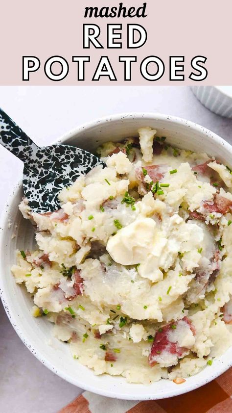 Mashed red potatoes are buttery, garlicky, and have a rustic texture from red potato skins. This recipe is perfect as a simple dinner side and can easily be made vegan/dairy-free. Mashed Red Skin Potatoes, Garlic Mashed Red Potatoes, Southern Veggies, Mashed Potatoes With Skin, Garlic Red Mashed Potatoes, Red Skin Mashed Potatoes, Baking Competition, Mashed Red Potatoes, Red Potato Recipes