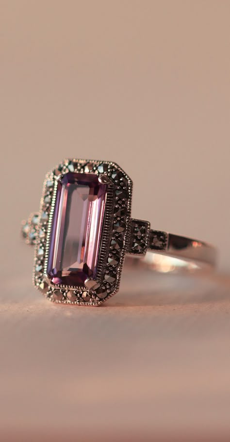 Art Deco inspired amethyst and marcasite ring | Ethically-sourced Art Deco inspired gemstone jewellery available at Gemondo.com Art Deco Inspired Jewelry, Bijoux Art Deco, Inexpensive Jewelry, Art Deco Jewellery, Pretty Rings, Deco Jewelry, Art Deco Jewelry, Dream Jewelry, Pretty Jewellery