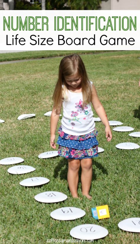 We came up with a simple way to practice number identification--a life size board game! It's perfect for preschoolers who are working on recognizing those higher numbers. Preschool Manipulatives, Math Board Games, Math Boards, Maths Games, Math Activities For Kids, Math Board, Number Identification, Numbers For Kids, Homeschool Math