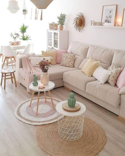 Use Paint for a Budget-Friendly Living Room. #OutdoorLivingIdeas #InteriorDesign #BeachStyleBedroomDecor.#LivingRoomColors #HomeDecor #HomeDecorIdeas #BestLivingRoomIdeas #SummerHomeDecorIdeas #BedroomDecorIdeas #decor #decoration #decora #decorating #decorations #decorate #decorative #decoracaodeinteriores #decorando #decoraci #decore #decoradora Modern Feminine Living Room, Pink Boho Apartment, Boho Pink Living Room, Living Room Small Spaces Ideas, Small Spaces Ideas, Budget Friendly Living Room, Boho Apartments, Apartment Goals, Pink Living Room