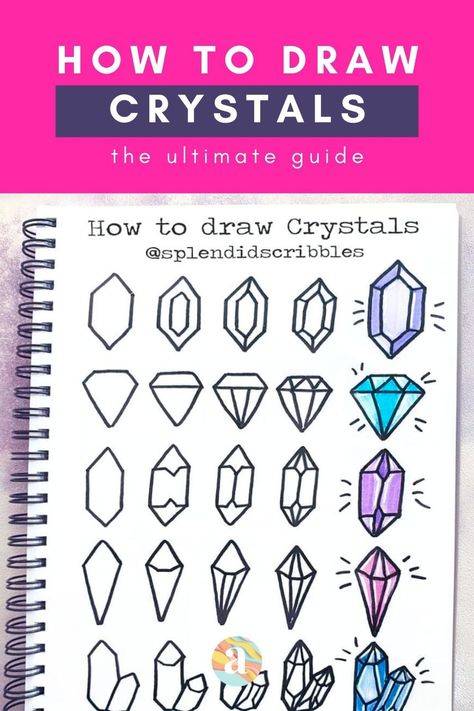 Are you ready to jump in and learn how to draw crystals and gems for beginners? #howtodrawcrystals #crystaldrawing #howtodrawacrystal Purple Drawing Ideas, Draw Crystals, Purple Doodles, Purple Bullet Journal, Trin For Trin Tegning, Crazy Laura, Doodle Art For Beginners, Bullet Journal Spreads, Crystal Drawing