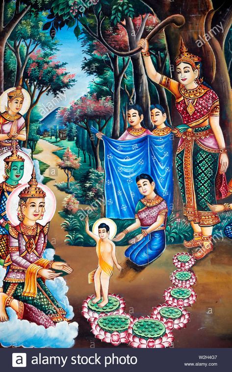 Painting depicting the life story of Shakyamuni Buddha. Birth of Buddha in the Lumbini grove. Kep. Cambodia. Stock Photo Buddha Birth, Kep Cambodia, Buddha Story, Birth Pictures, Eagle Images, Buddha Life, Buddha Art Painting, Shakyamuni Buddha, Image Painting