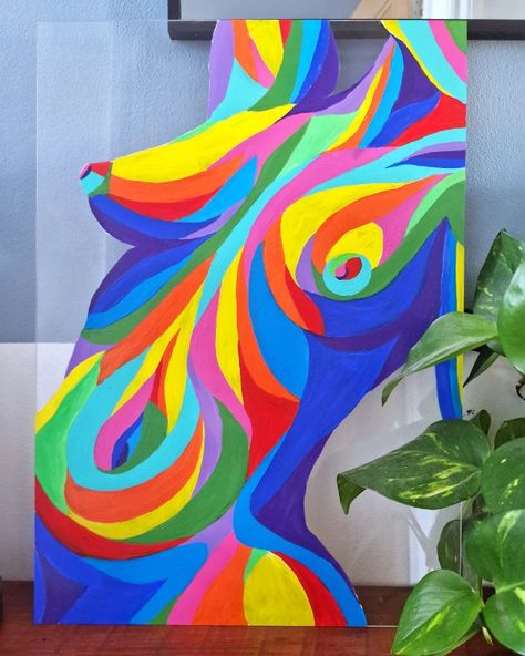 Nude female body paint in acrylic paint in a block rainbow style on perspex Painting Ideas On Canvas Body Positivity, Body Outline Painting Canvas, Body Shape Painting, Anatomy Painting Acrylic, Painting Ideas Feminism, Painting Of Womans Body, Body Outline Painting, Acrylic Body Painting, Abstract Body Painting