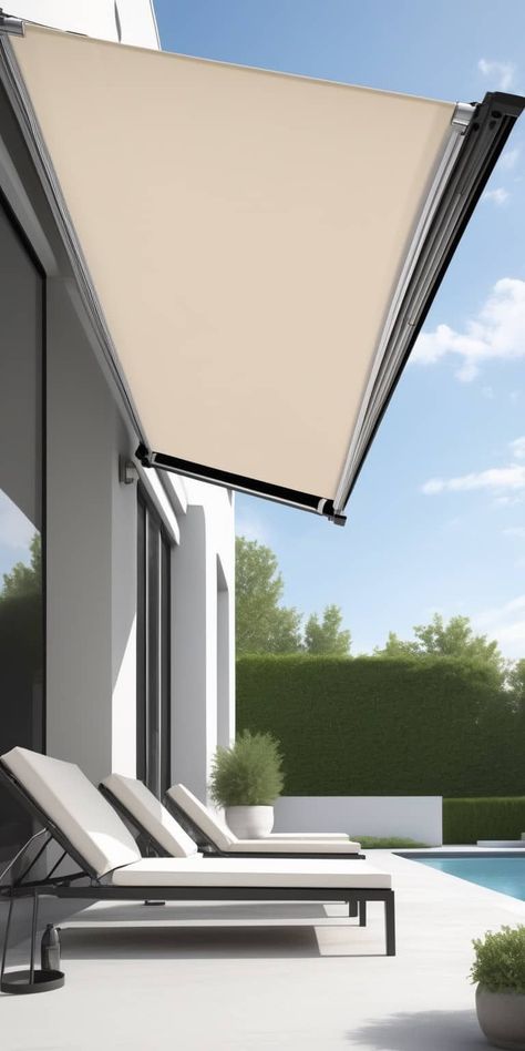 Perfect for ultimate convenience, a retractable motorized awning combines practicality with beauty. With a touch of a button, it extends to provide shade and retracts when not in use, featuring a sleek and modern design. Sun Shade For Patio, Retractable Sun Shade, Patio Sails, Deck Addition, Retractable Shade, Patio Sun Shades, Shading Device, Sail Canopies, Cedar Pergola