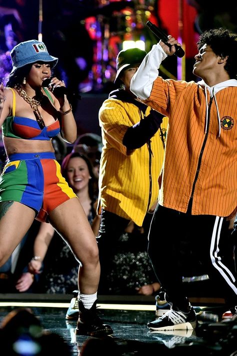 Cardi B Finesse, Finesse Outfit, Bruno Mars Grammys, Cardi B Grammys, Rap Concert Outfit, Mesh Top Outfit, Grammy Outfits, Rap Concert, Bruno Mars Concert