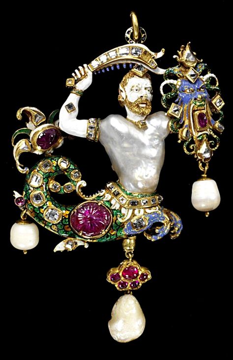 The Canning Jewel, a sculptural pendant characteristic of the Renaissance period that lasted from the 15th to 17th centuries A.D., incorporating a large baroque pearl as its centerpiece, combined with gold, enameling colored gemstones and diamonds to form the figure of a bearded merman brandishing a scimitar in the right hand and something that looks like a dragon's head in the left hand, gets its name from its one time owner Viscount Charles John Canning, who was the Governor General  of India. Ancient Jewellery, The Governor, Pearls Diy, Colored Gemstones, Dragon Head, Ancient Jewelry, Candle Centerpieces, Indian Jewellery, Baroque Pearls