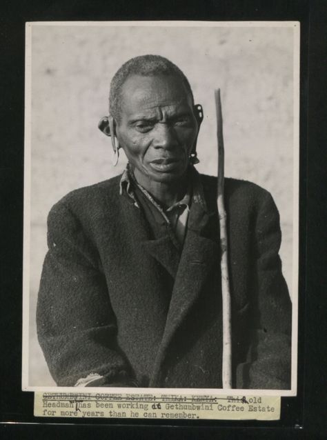 Description: Old Headman who has been working at Gethumbwini Coffee Estate for more years than he can remember. (Picture isued 1945)  Location: Gethumbwini, Kenya  Date: 1945 Colonial Office, Africa Tribes, Greyhound Statues, African Royalty, 90s Hip Hop, My Ancestors, National Archives, African History, African Culture