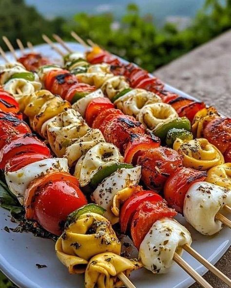 Chef Max Mariola | Italian Antipasto Skewers with Marinated Tortellini and Mozzarella | Facebook Marinated Tortellini, Antipasto Skewers With Tortellini, Italian Food Party, Italian Finger Foods, Antipasto Platter Italian, Italian Appetizers Easy, Tortellini Skewers, Italian Antipasto, Antipasto Skewers