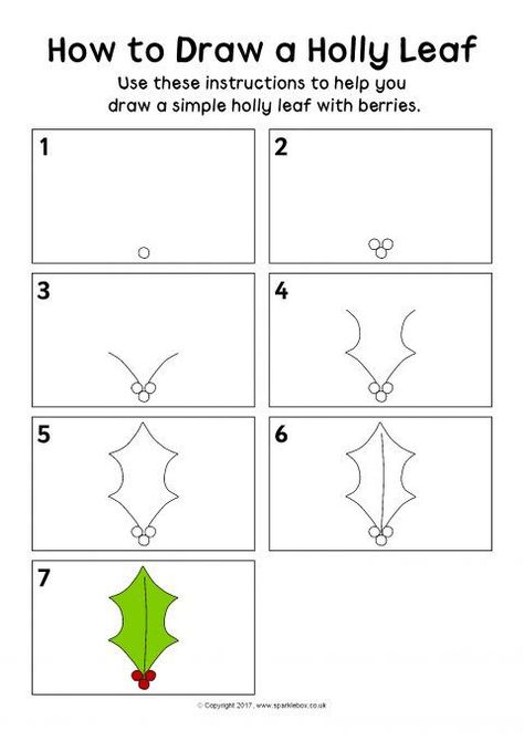 How to Draw a Holly Leaf Instructions Sheet (SB12160) - SparkleBox How To Draw A Holly Leaf, Holly Leaf Drawing, How To Draw Holly Leaves, How To Draw Holly, How To Draw Leaf, Noel Nail, Christmas Crafts Kids Ornaments, Holiday Paintings, Drawing Rose