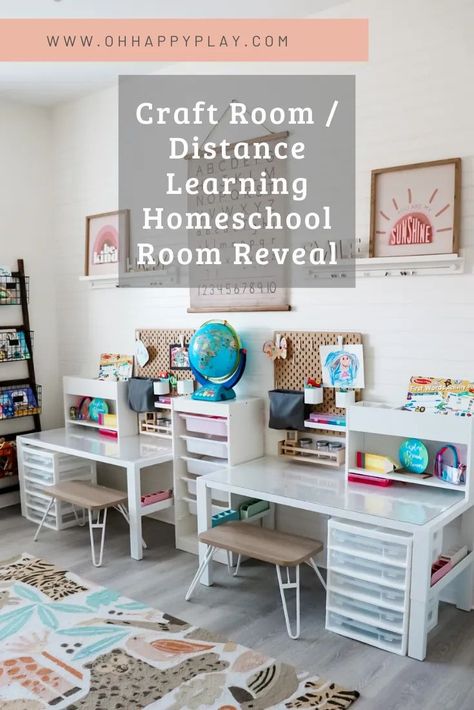 As more and more families are learning their kids will be "distance learning" this fall, I am pleased to share how you can turn an extra bedroom or craft space into your own homeschool center. Study Space Ideas In Bedroom, Pahl Ikea, Homeschool Storage Ideas, Homeschool Desk Ideas, Kids Study Room Ideas, Sewing Classroom, Study Space Ideas, Homeschool Desk, Kids Study Spaces