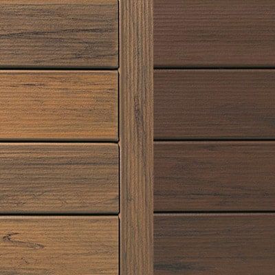 Dark Brown Composite Decking, Brown House Deck Color, Trex Deck Designs Color Schemes, Wolf Decking Colors, Tigerwood Timbertech Decking, Composite Deck Colors For Tan House, Trex Decking Ideas Color Schemes, Composite Deck Color Ideas, Composite Front Porch Ideas