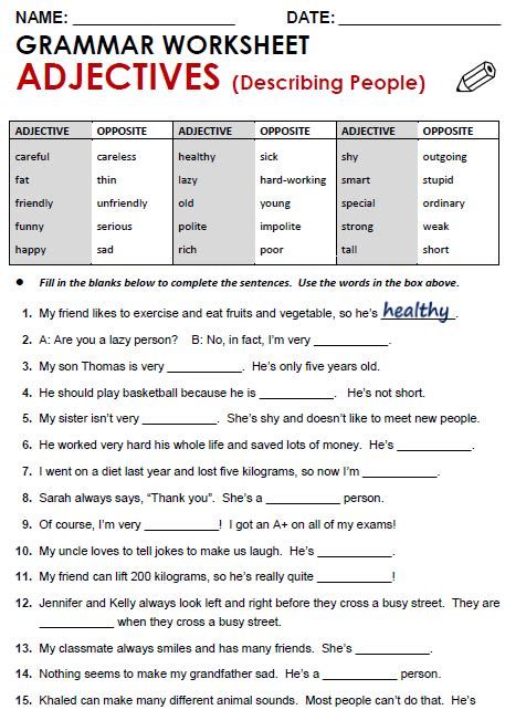 Practice Worksheet For Class 2 English Grammar – Adjectives Year 7 English Worksheets, Grammar Worksheets High School, Adjectives To Describe Personality, Adjectives Exercises, Middle School Grammar Worksheets, Adjectives Grammar, Personality Adjectives, Adverbs Worksheet, English Grammar Exercises