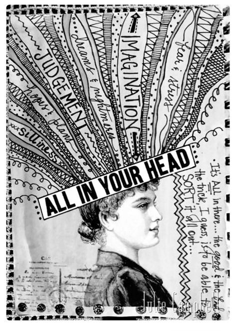 Great self-portrait assignment idea to develop for at-risk teens - combine drawing, use of text in a composition, self reflection, self expression and a form of art therapy throughout the process. #selfportrait #portrait #arttherapy #atriskstudents #arteducation #teachingart All In Your Head, Kunstjournal Inspiration, Art Projects For Teens, Art Therapy Projects, Teen Art, Psy Art, Art Therapy Activities, Trendy Art, Expressive Art