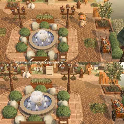 Acnh Dark Academia Neighborhood, Acnh European Citycore Entrance, Acnh Old Town Ideas, Animal Crossing Courtyard Ideas, Acnh Suburban Entrance, Acnh Square Ideas, Acnh Old Town, Anch Island Layout, Acnh Town Square