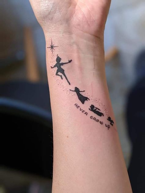 Disney Castle Tattoo, Tinker Bell Tattoo, Peter Pan Tattoo, Name Tattoos For Moms, Castle Tattoo, Disney Sleeve, Tinkerbell And Friends, Never Grow Up, Name Tattoos