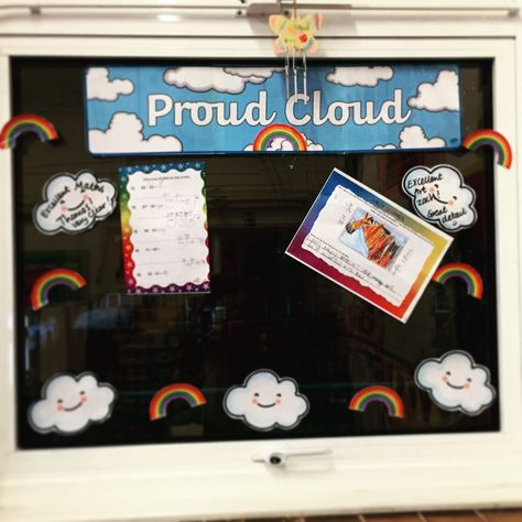 Proud Cloud- a lovely way to show off work. #proudcloud #classroomdisplays #ks1ideas #EYFSideas #wowwork Proud Cloud Display Eyfs, Kudos Board, Proud Cloud, Key Stage 1, Off Work, Classroom Setup, Classroom Displays, Activity Ideas, Teacher Classroom