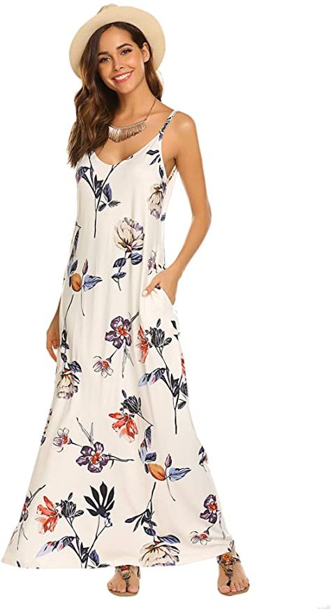 OURS Women's Summer Casual Floral Printed Bohemian Spaghetti Strap Floral Long Maxi Dress with Pockets at Amazon Women’s Clothing store Long Floral Maxi Dress, Women Maxi Dresses Summer, Sundresses Women, Maxi Dress With Pockets, Floral Dresses Long, Floral Print Maxi Dress, Suspender Dress, Crewneck Dress, Maxi Dresses Casual