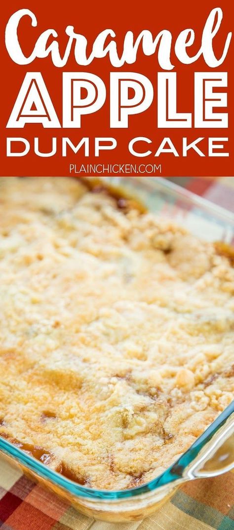 Caramel Apple Dump Cake - tastes like Fall Y'all!! With only 4 simple ingredients, you can't go wrong with this easy dessert recipe! Great for a crowd. Serve warm with some vanilla ice cream or fresh whipped cream. I never have any leftovers! A real crowd pleaser!! Apple Dump Cake, Caramel Apple Dump Cake, Dessert Halloween, Apple Caramel, Potluck Desserts, Apple Dump Cakes, Quick Dessert Recipes, Easy Dessert Recipe, Fall Desserts Easy