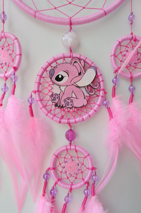 "DREAM CATCHER \"ANGEL\" Exclusive wall hanging inspired by the cartoon character. This dreamcatcher will great addition to the baby nursery, children's and kids room decor. In the center of the dream catcher, there is a little Angel which is handpainted on the leather canvas. We can customize any part of this dream catcher (size, color, illustration, shapes, materials, etc.) Also, if you want, we can make for you the custom dream catcher with another character from your favorite cartoon, game, Cute Stitch Bedroom Ideas, Disney Room Decor For Kids, Stitch Nursery Disney, Stitch And Angel Bedroom Ideas, Lilo And Stitch Room, Stitch Girls Bedroom, Lilo And Stitch Nursery, Blue Room Decor Ideas, Stitch And Angel Room Decor