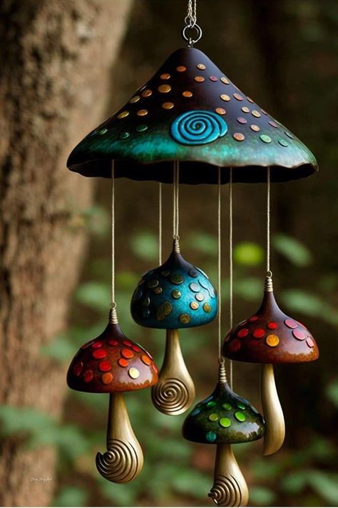 Diy Mushroom Windchime, Ceramic Windchimes Ideas, Polymer Clay Wind Chimes, Diy Mushroom Garden Decor, Mushroom Windchime, Mushroom Ceramics Ideas, Clay Chimes, Clay Windchimes, Clay Wind Chimes