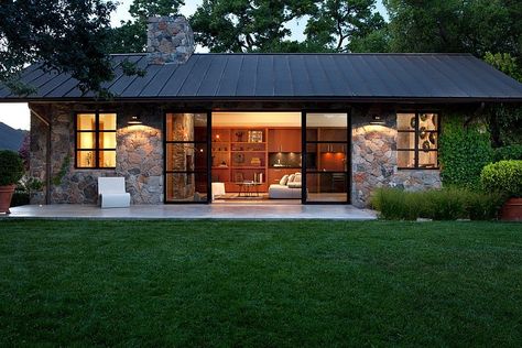 Fieldstone Guest Cottage by De Meza   Architecture Prefab Guest House, Exterior Materials, Backyard Guest Houses, Stone Facade, Contemporary Exterior, Cottage Exterior, Metal Roofing, Standing Seam, Tin Roof