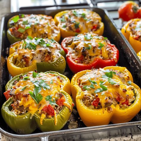 Delicious Stuffed Peppers filled with a savory mixture of beef, rice, and vegetables, topped with cheese. Perfect for a wholesome dinner! Easy Stuffed Pepper Recipe, Stuffed Bell Pepper, Stuffed Peppers Beef, Stuffed Peppers With Rice, Rice And Vegetables, Easy Stuffed Peppers, Ground Beef Rice, Stuffed Peppers Healthy, Stuffed Peppers Recipe