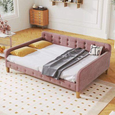 [Modern Design] This daybed features an elegant style upholstered in carefully-selected velvet fabric, complemented by two armrests, making it a timeless addition to any home décor. The soft bedhead creates a cozy ambiance, and the single color design adds versatility. Size: Full, Color: Pink | Red Barrel Studio® Marlinda Daybed Upholstered in Pink | 28.7 H x 56.3 W x 80 D in | Wayfair Soft Headboard, Full Daybed, Full Size Daybed, Sofa Bed Frame, Daybed Design, Daybed Bedding, Wood Daybed, Sofa Seating, Upholstered Daybed