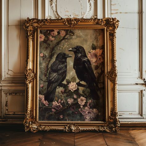 Enhance your nature wall decor with this exceptional matte poster print crafted with precision and care, and designed exclusively by Madelyn Jane Creates. Inspired by master artists such as William Morris, Walter Crane, Gustav Klimt, and others, this vintage style print is an exceptional piece of wall art that will compliment your home or office. Perfectly capturing the mystique of the raven, perched in a dark forest, this quality print makes a great gift for yourself, or the raven lover in your Raven Wall Art, Gallery Wall With Paintings, Apartment Decorating Edgy, Painting Ideas Dark Academia, Dark Cottagecore Office, Dark Cottagecore Room, Whimsical Gothic Decor, Moody Hallway, Dark Wall Decor