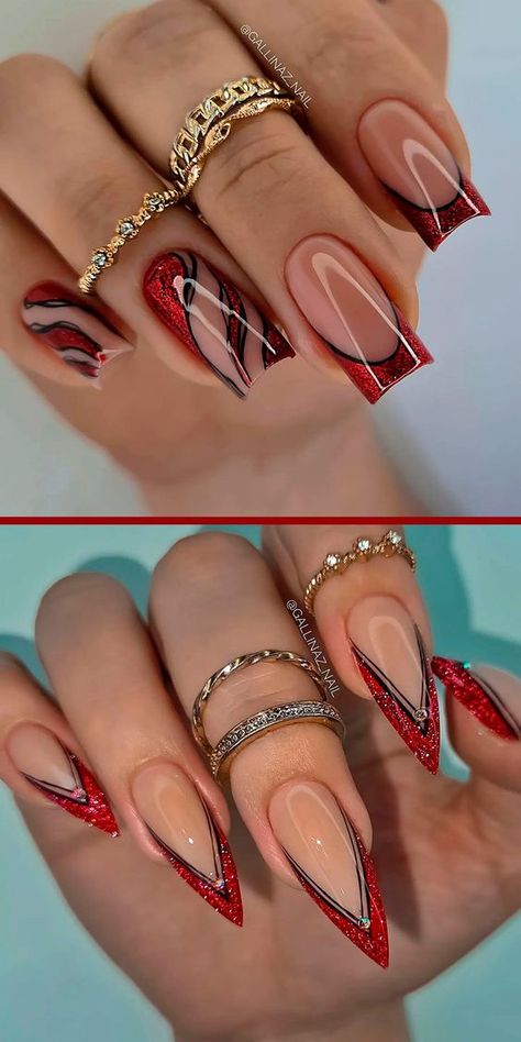 If you're looking for a fun and exciting new nail design, red and black nails are perfect for you. Besides, they are easy to wear and look great with any outfit Red Party Nails, Black Nails 2023, Red And Black Nail Designs, Nail Ideas For Christmas, Red And Black Nail, Red And Black Nails, Black Nail Ideas, Red Black Nails, Burgundy Acrylic Nails