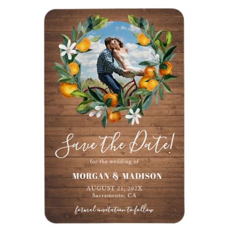 Rustic Wood Oranges Photo Wedding Save the Date #savethedate #weddingannouncement #oranges #citrus #weddingsavethedate #ztraditional #customphoto #magnet #rusticwood #photomagnet Citrus Photo, Garden Wedding Theme Ideas, Tuscan Style Wedding, Rustic Italian Wedding, Garden Wedding Theme, Lemon Wedding, Wood Invitation, Orange Wreath, Citrus Wedding