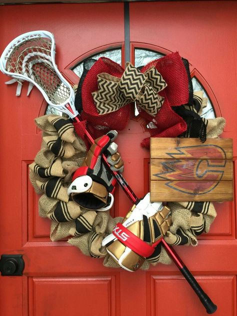 LaCrosse is great, but I'd make mine out of hockey gear! Lacrosse Wreath Front Doors, Hockey Wreath, Lacrosse Tips, Lax Girl, Lacrosse Party, Lax Girls, Lacrosse Goalie, Sports Banquet, Hockey Gear