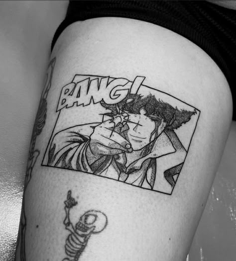 Cowboy Bepop Tatoos, Spike Cowboy Bebop Manga, Space Cowboy Tattoo, Scott Pilgrim Tattoo, Chainsaw Man Tattoo, Cowboy Bebop Tattoo, Evangelion Tattoo, 16 Tattoo, Cowboy Tattoos