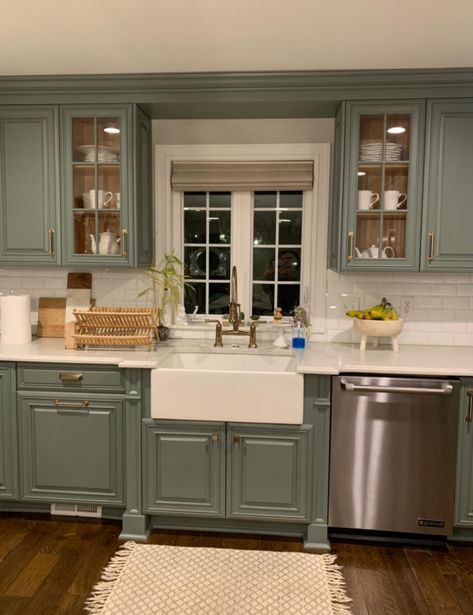 Sherwin Williams Retreat Kitchen, Sherwin Williams Retreat, Kitchen Wall Shelf Ideas, Kitchen Cabinet Inspiration, Sage Green Kitchen, House Planning, Green Kitchen Cabinets, Kitchen Cabinets Makeover, Kitchen Farmhouse