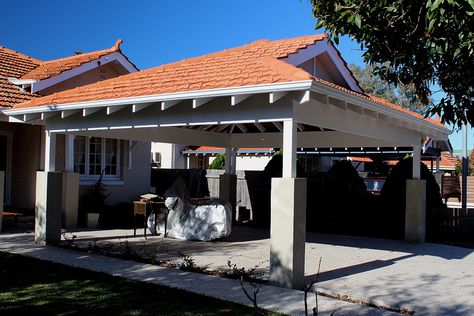 Double Carport Front Of House, Dutch Gable Roof Design, Japanese Porch, Dutch Gable Roof, Car Porch Design, Double Carport, Luxury Garage, Porch Design Ideas, Carport Garage