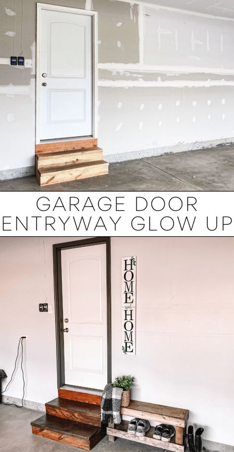 Garage Door Entryway Upgrade Diy Garage Entryway, Garage Entryway Ideas Entrance, Basement Rental, Minwax Wood Stain, Garage Steps, Garage Inspiration, Welcoming Sign, Garage Entryway, Entryway Door