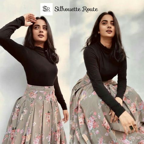 Floral long skirt Skirt And Top Styling, Long Shirt And Skirt Outfit, Tops For Skirts Indian Casual, Black Long Skirt Outfit Indian, Hairstyles For Skirt, Long Skirt Top Designs Wedding, Indian Skirt And Top Outfits, Hairstyle For Skirt And Top, Long Skirt And Top Indian Wedding