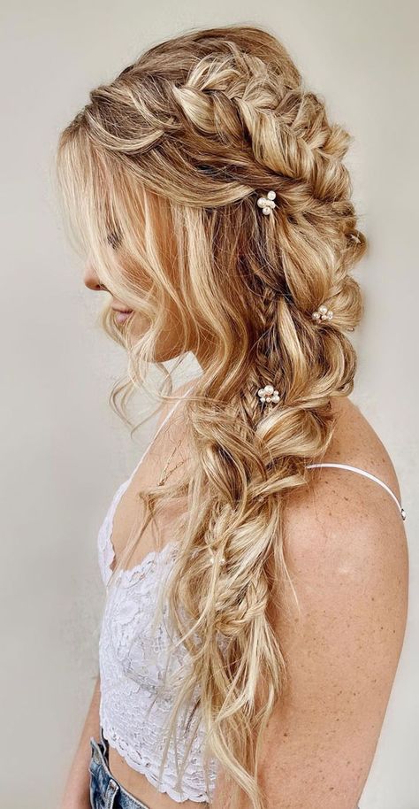 half up half down hairstyle, boho chic hairstyle, wedding hairstyle, bridal hairstyle, effortless hairstyle, updo, bridal updo, wedding hairdos Boho Wedding Theme Ideas, Mixed Braids, Boho Bridesmaid Hair, Side Swept Braid, Bridesmaid Hair Side, Boho Chic Hairstyles, Boho Wedding Theme, Wedding Hair Side, Wedding Theme Ideas