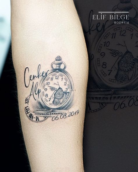 Clock Time Tattoo, Sons Name Tattoos, Birthdate Tattoo, Coffin Nails Ombre, Tattoo Name, Tattoo For Son, Clock Tattoo, Time Tattoos, Name Tattoo