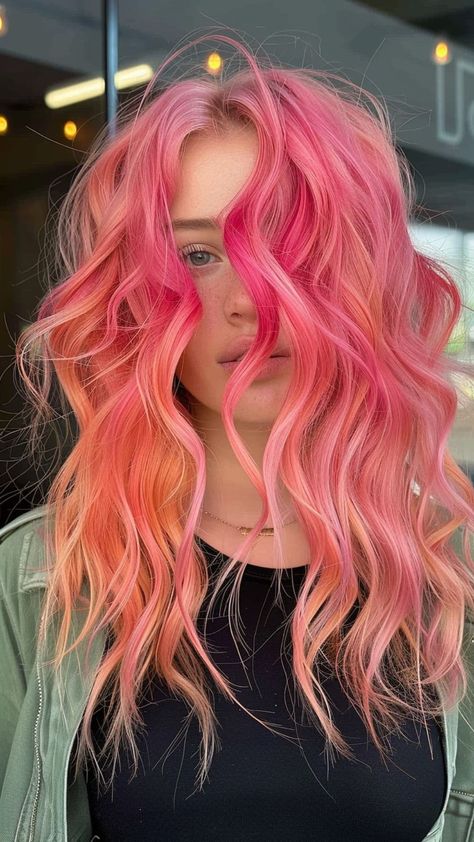 Coral Hair Color Peaches, Pastel Sunset Hair, Peach And Pink Hair, Dark Peach Hair Color, Pink And Peach Hair, Hair Color Ideas Light, Hair Color Ideas Pink, Coral Hair Color, Peachy Pink Hair